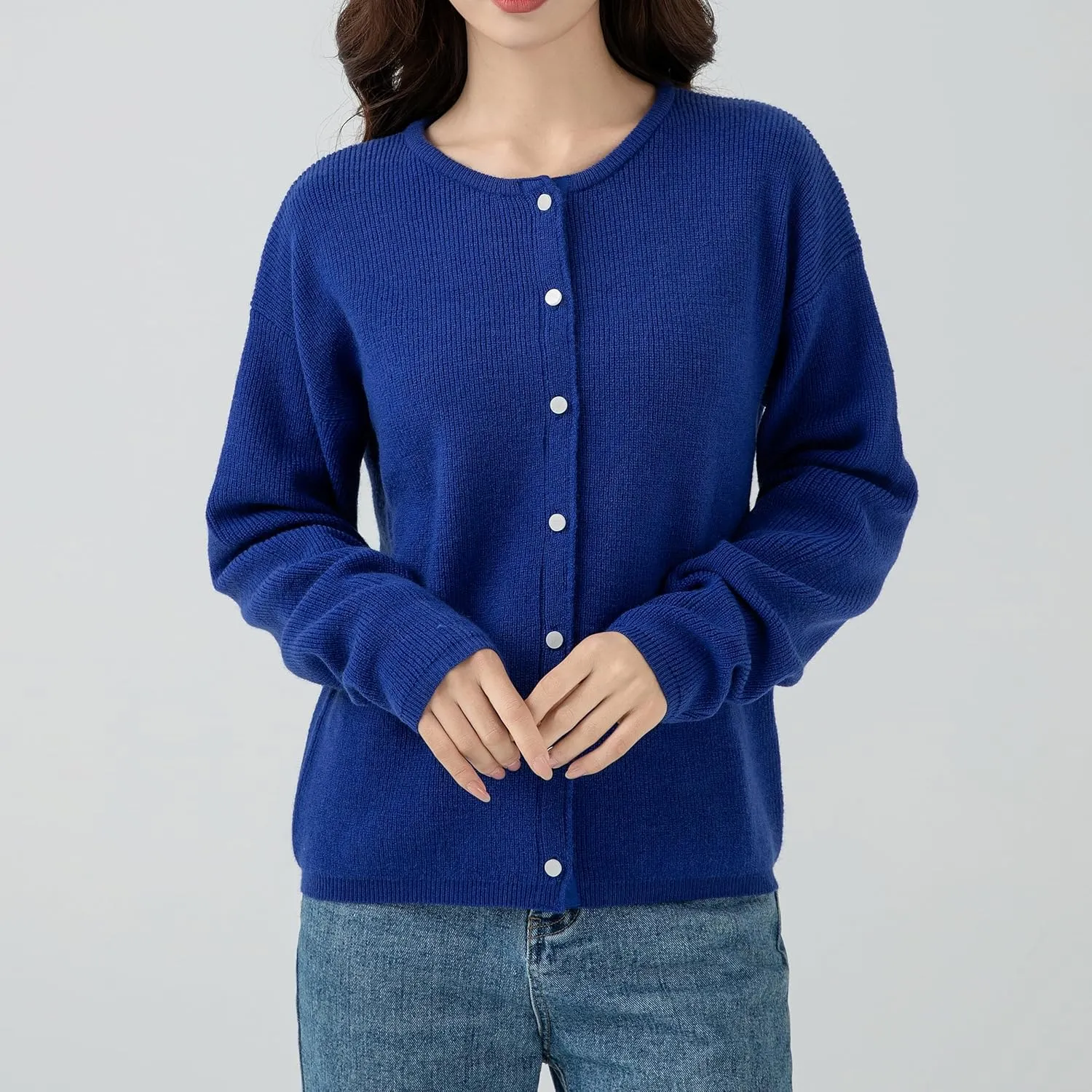 Simple&Opulence Womens Cardigan Button Down Crew Neck Sweater Open Front Long Sleeve Lightweight Knitted Sweaters