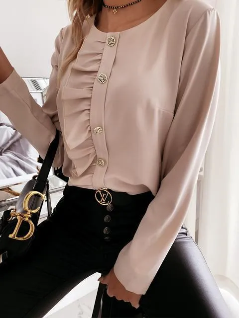 Solid Color Buttons Up Ruffled Tops