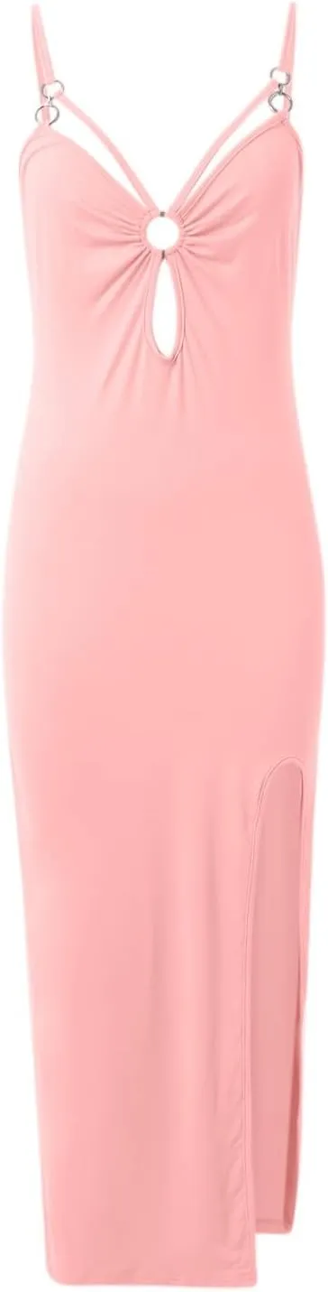 Women Casual Solid Dress Sleeveless V Neck Hollow Split Hem Dress Slim Sexy Dress Plus Size Dress for Women
