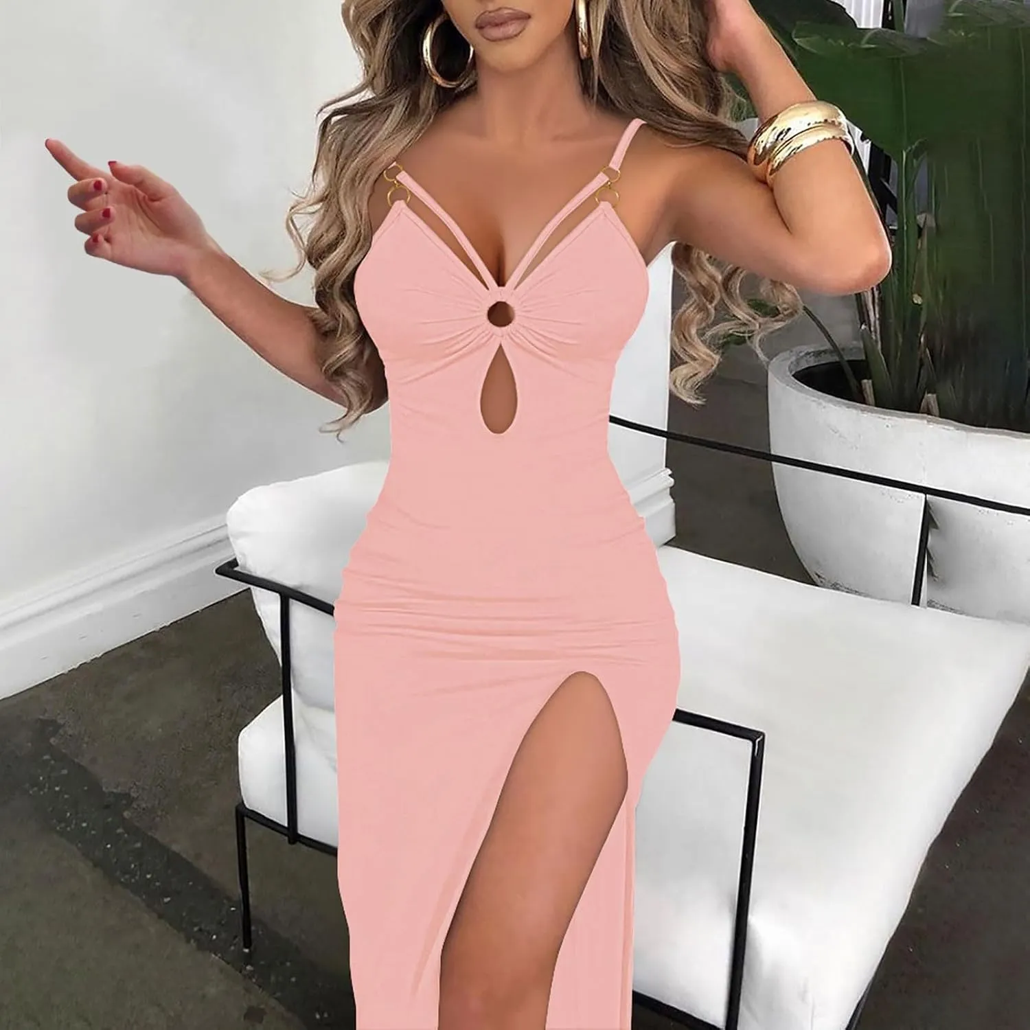 Women Casual Solid Dress Sleeveless V Neck Hollow Split Hem Dress Slim Sexy Dress Plus Size Dress for Women