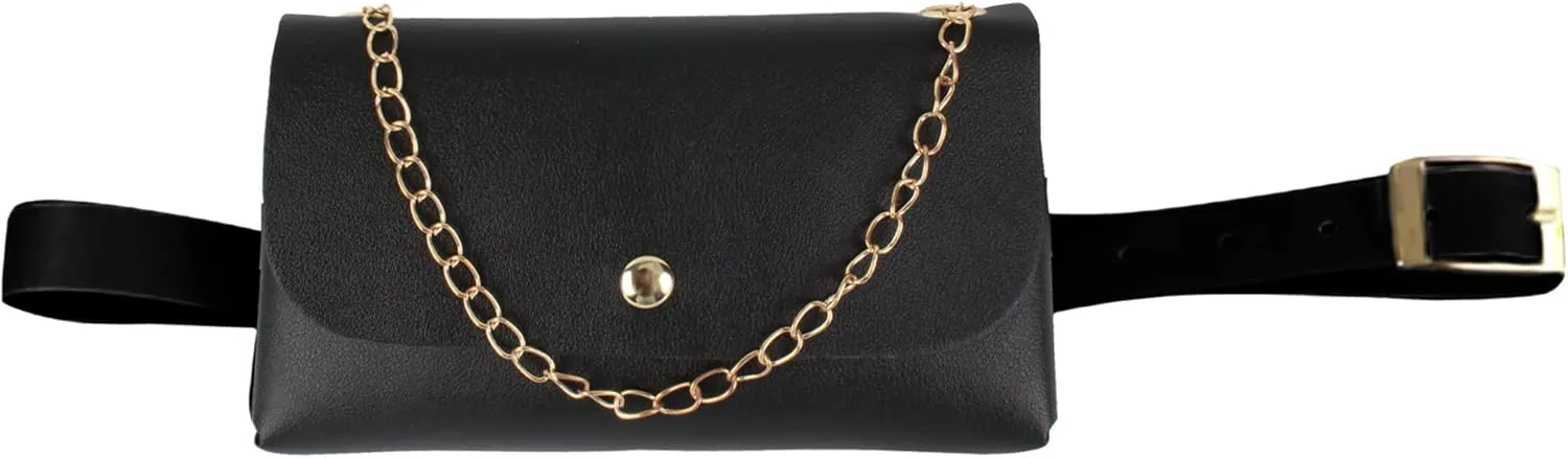 Women Girls Mini Envelope Waist Bag PU Leather Clutch Cell Phone Purse Chest Bag Chain Crossbody Bag Adjustable Belt Bag (Black)
