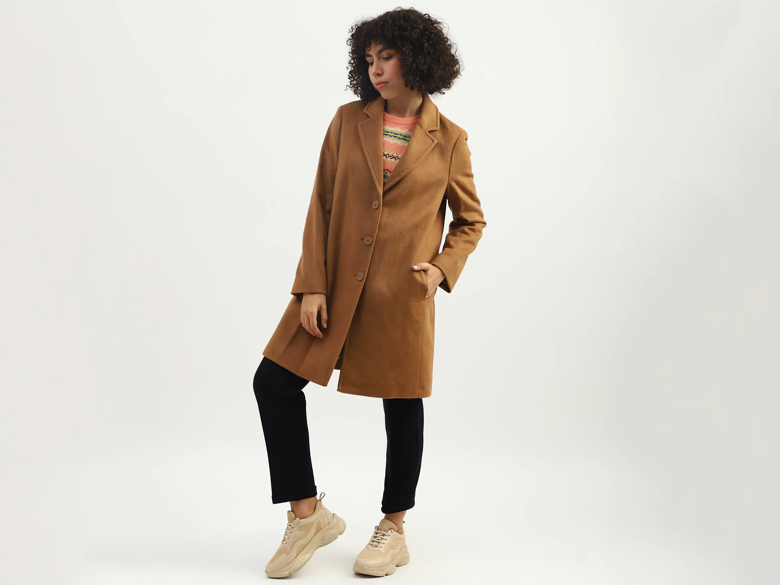 Women Solid Lapel Collar Coat