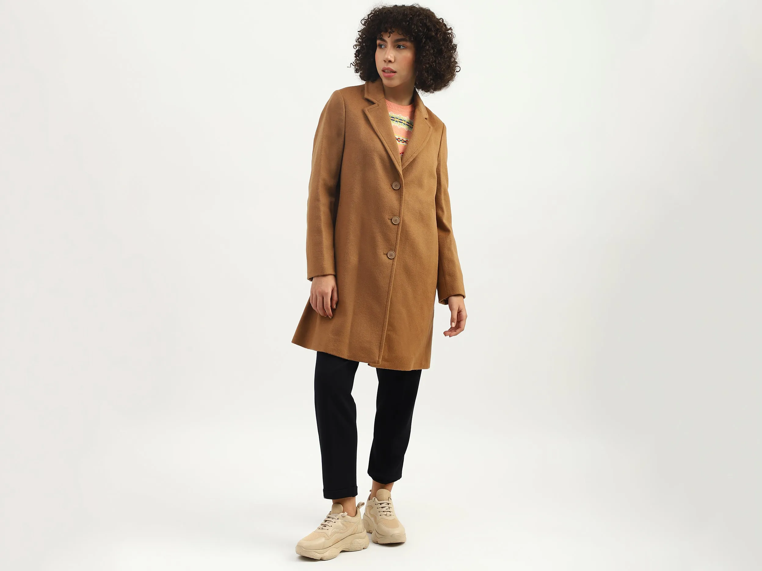 Women Solid Lapel Collar Coat