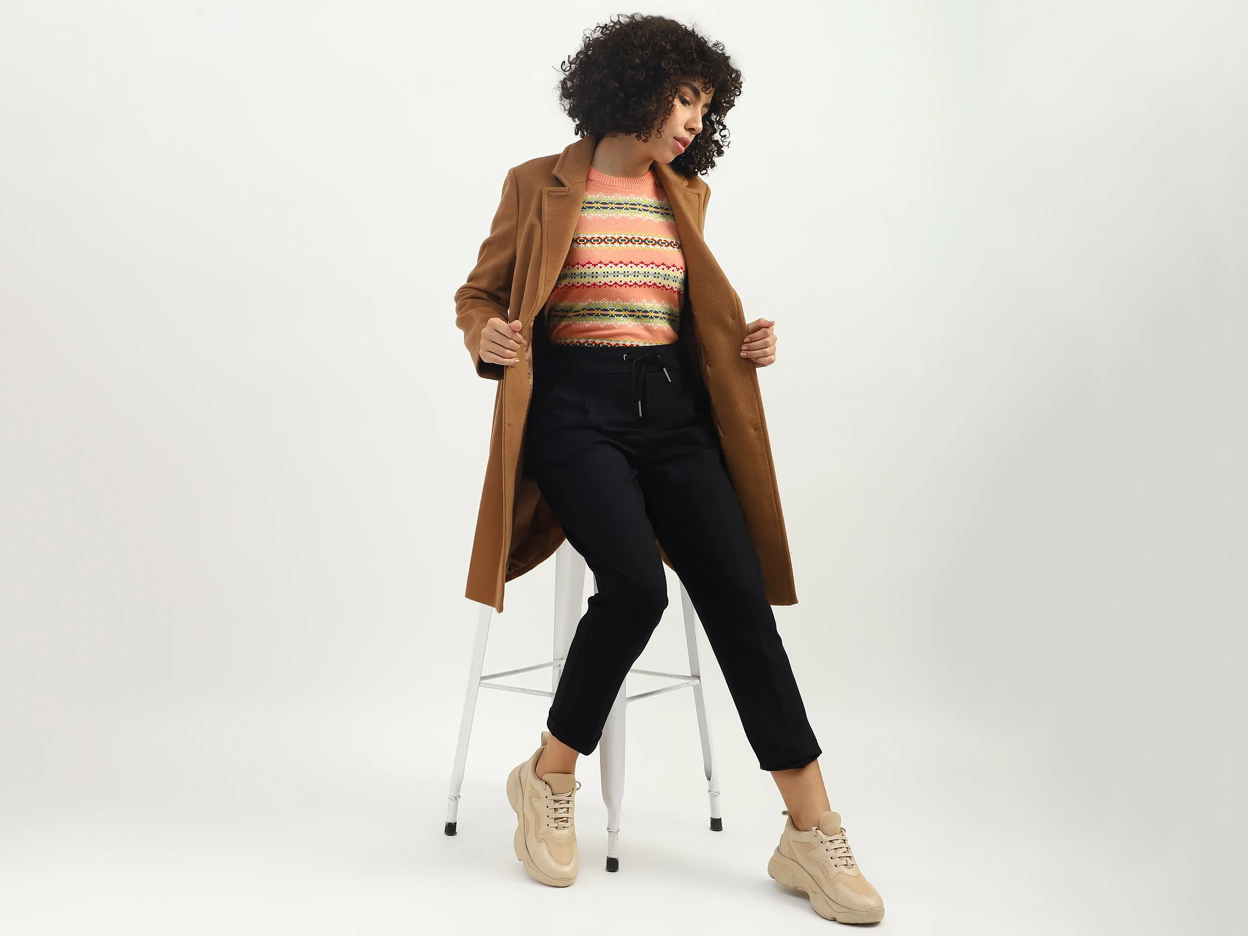 Women Solid Lapel Collar Coat