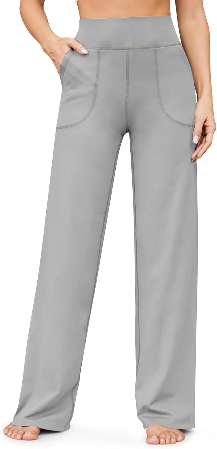 Women Wide Leg Yoga Pants with Pockets Tummy Control Flare Leggings Straight Leg Sweatpants Stretch Lounge Pants