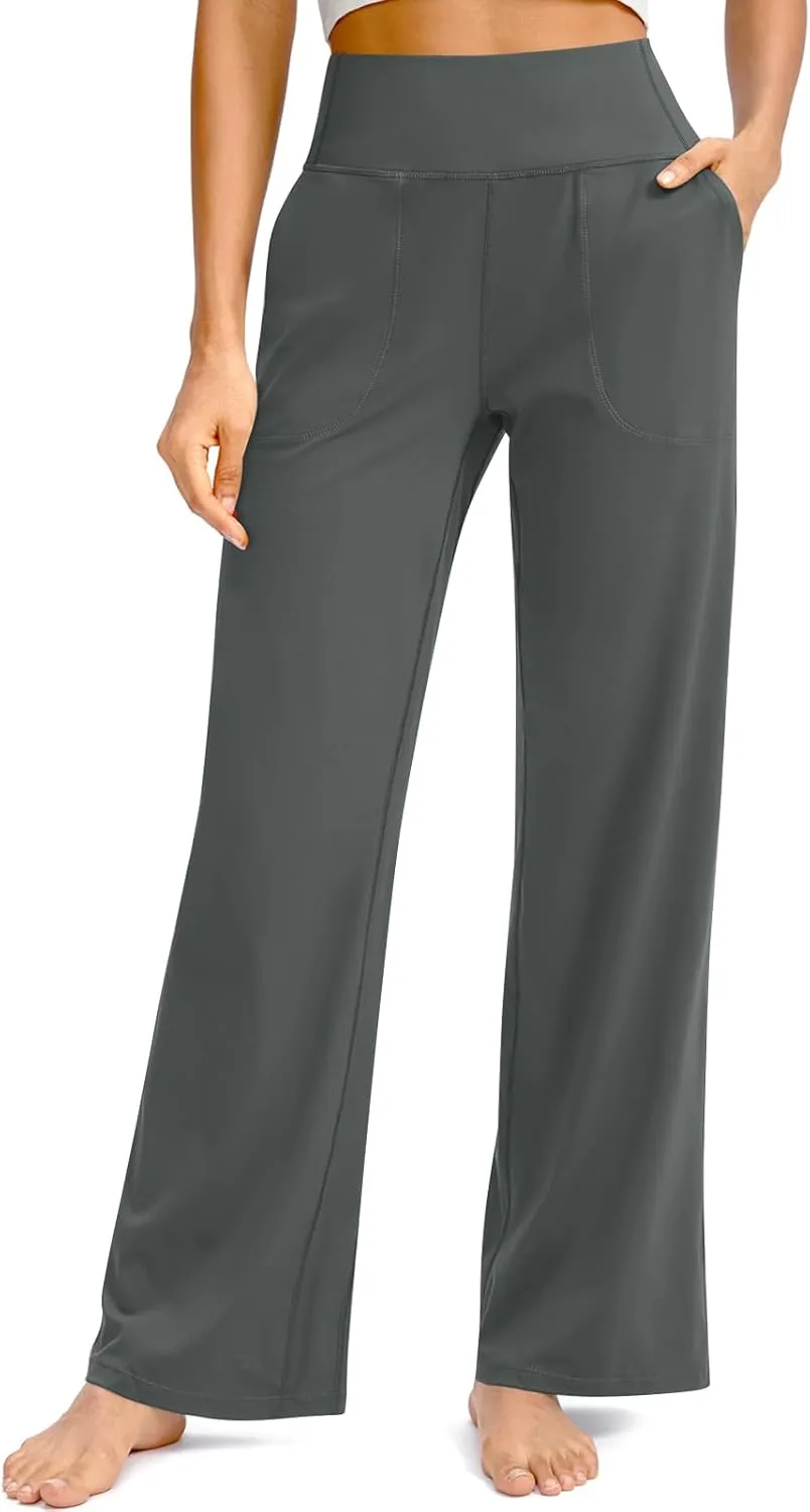 Women Wide Leg Yoga Pants with Pockets Tummy Control Flare Leggings Straight Leg Sweatpants Stretch Lounge Pants