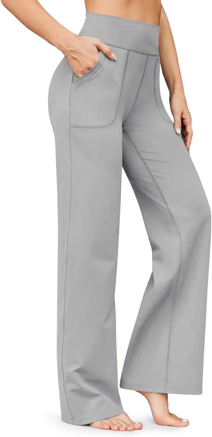 Women Wide Leg Yoga Pants with Pockets Tummy Control Flare Leggings Straight Leg Sweatpants Stretch Lounge Pants