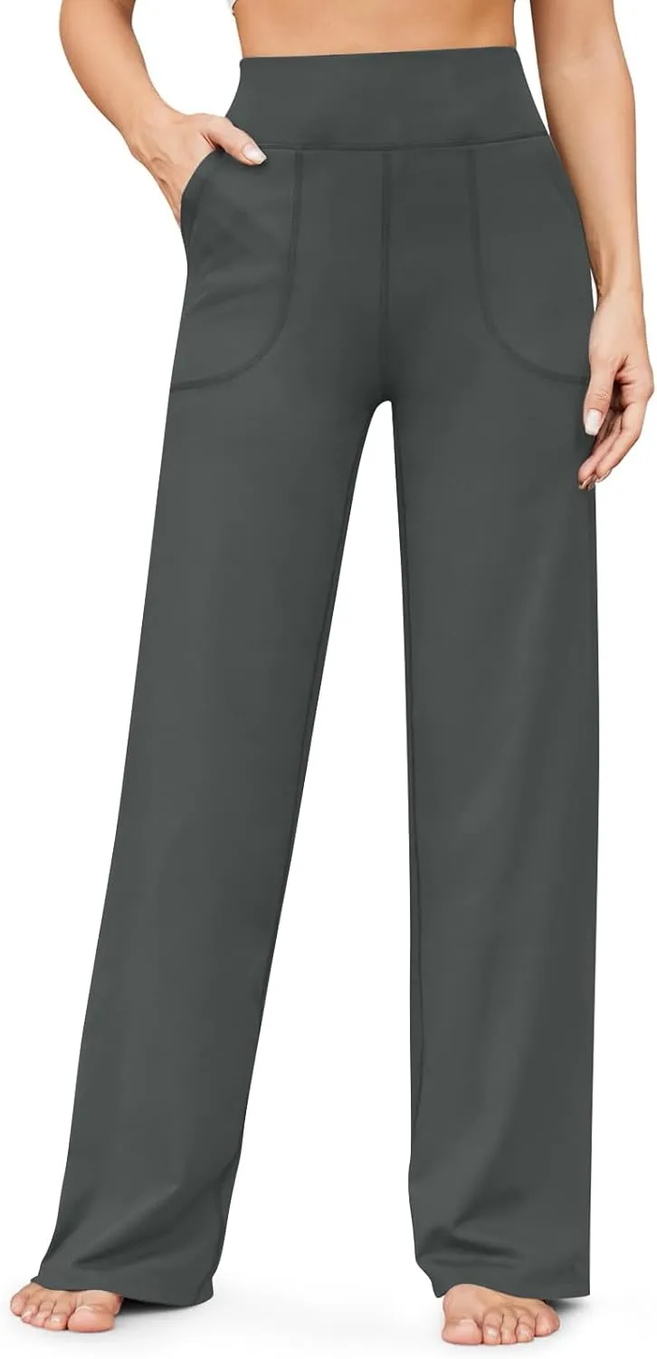 Women Wide Leg Yoga Pants with Pockets Tummy Control Flare Leggings Straight Leg Sweatpants Stretch Lounge Pants