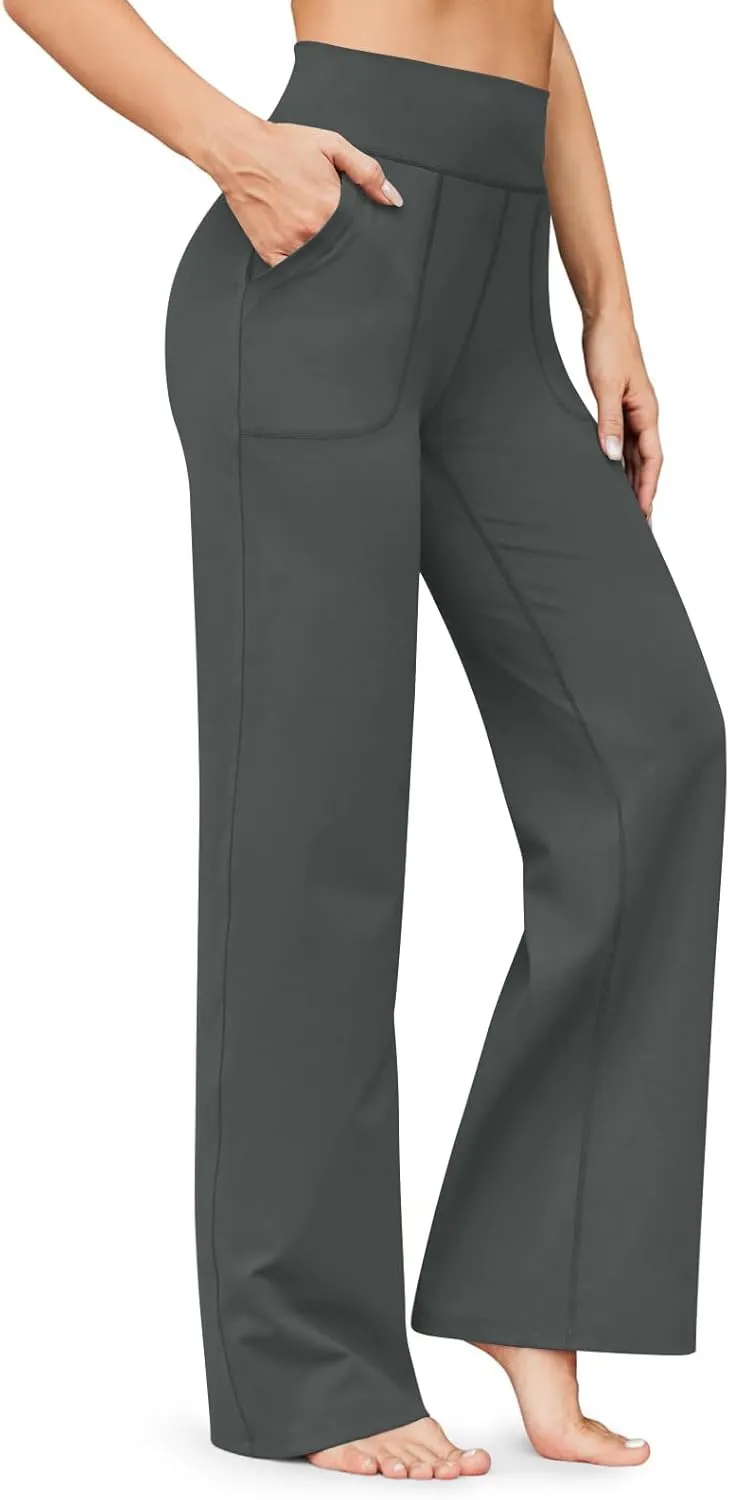 Women Wide Leg Yoga Pants with Pockets Tummy Control Flare Leggings Straight Leg Sweatpants Stretch Lounge Pants