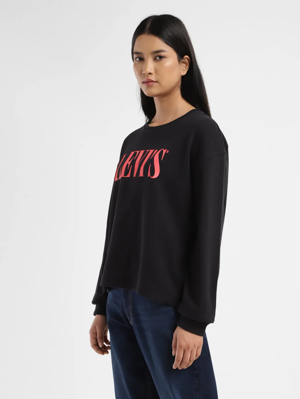 Women's Brand Logo Black Crew Neck Sweatshirt