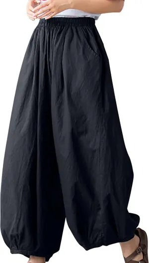 Women's Casual Cotton Linen Baggy Pants Elastic Waist Lantern Trousers 2025 Summer Beach Boho Trousers with Pockets