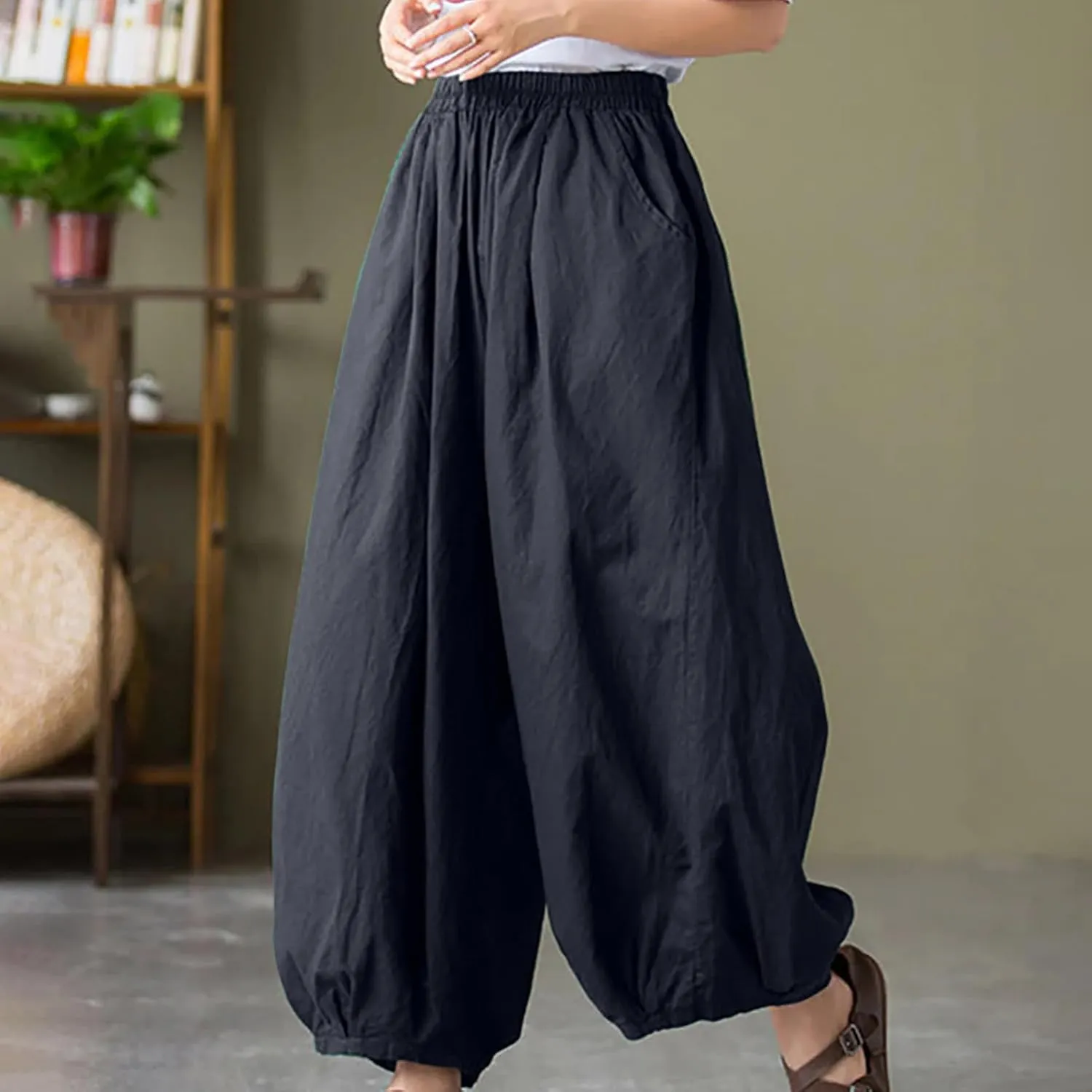 Women's Casual Cotton Linen Baggy Pants Elastic Waist Lantern Trousers 2025 Summer Beach Boho Trousers with Pockets