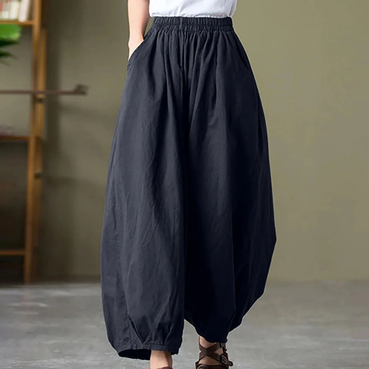 Women's Casual Cotton Linen Baggy Pants Elastic Waist Lantern Trousers 2025 Summer Beach Boho Trousers with Pockets