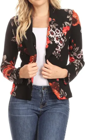 Women's Casual Floral Print Fitted Open Front Long Sleeves Office Blazer Jacket