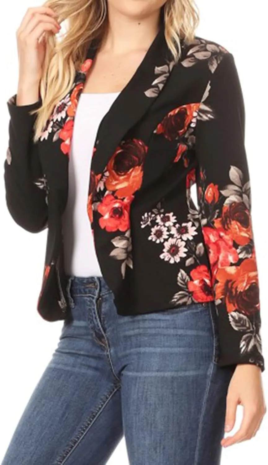 Women's Casual Floral Print Fitted Open Front Long Sleeves Office Blazer Jacket