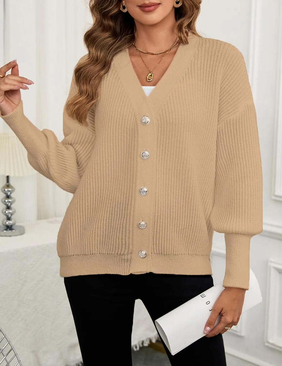 Women's Oversized V Neck Button Cardigan Fall 2024 Ladies Dressy Casual Chunky Ribbed Knit Sweater Cardigans