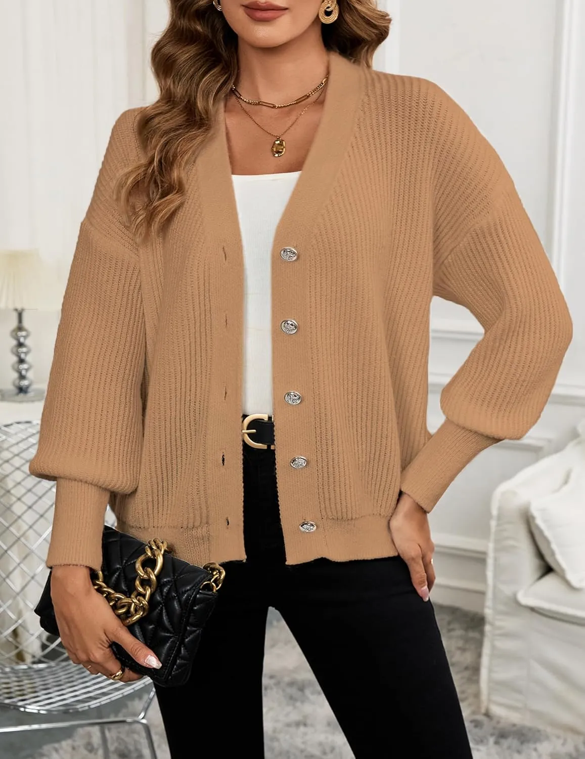 Women's Oversized V Neck Button Cardigan Fall 2024 Ladies Dressy Casual Chunky Ribbed Knit Sweater Cardigans