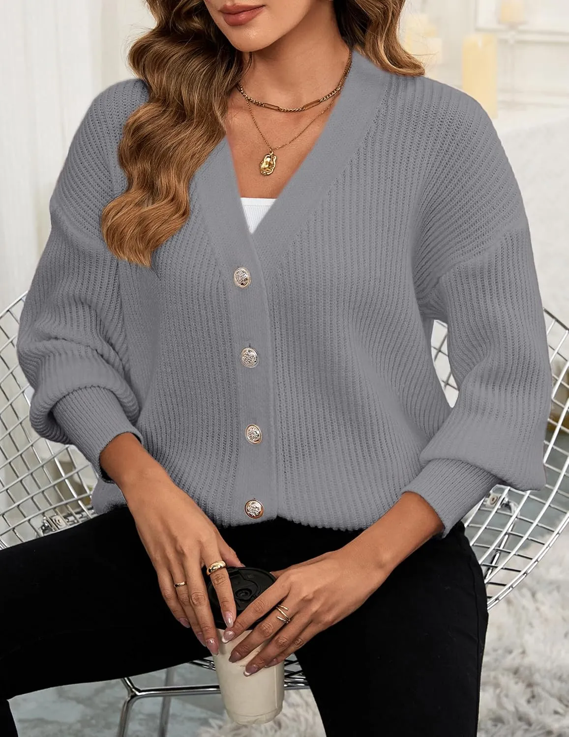 Women's Oversized V Neck Button Cardigan Fall 2024 Ladies Dressy Casual Chunky Ribbed Knit Sweater Cardigans