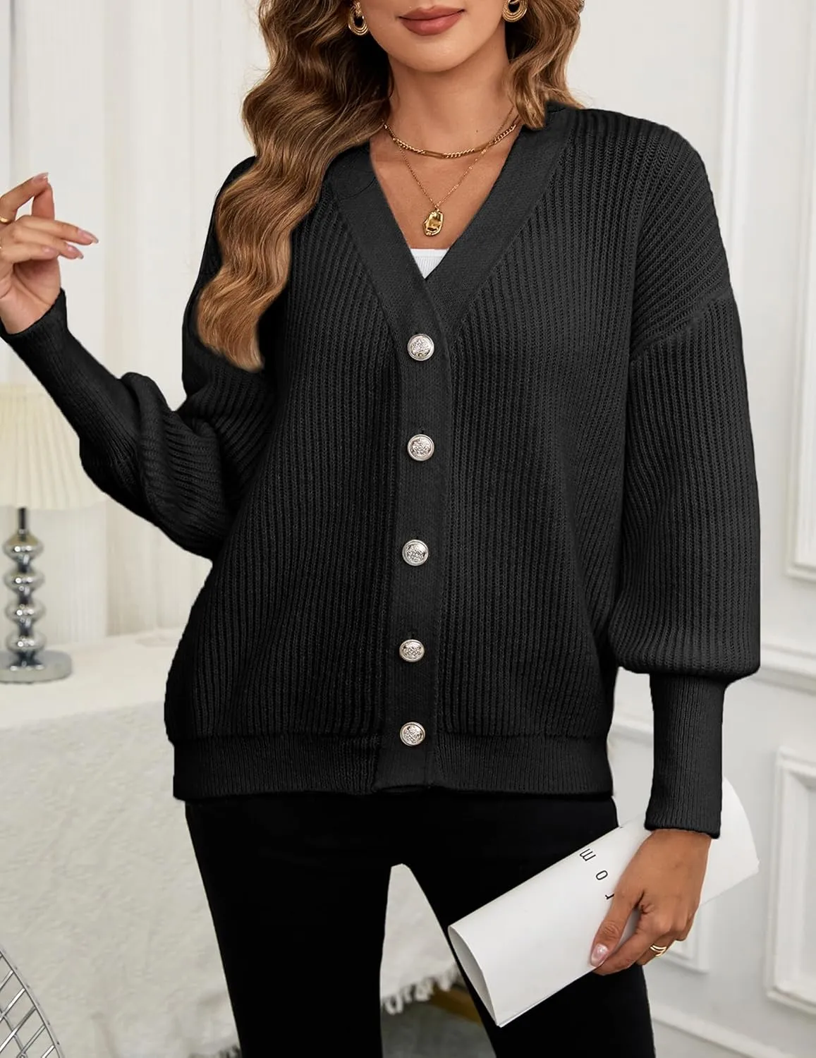 Women's Oversized V Neck Button Cardigan Fall 2024 Ladies Dressy Casual Chunky Ribbed Knit Sweater Cardigans