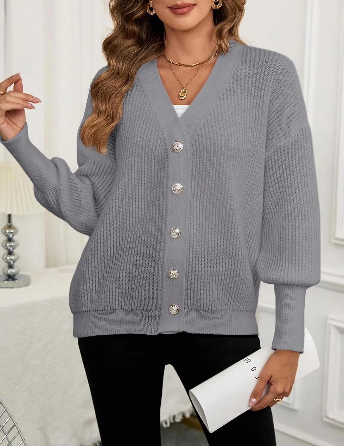 Women's Oversized V Neck Button Cardigan Fall 2024 Ladies Dressy Casual Chunky Ribbed Knit Sweater Cardigans