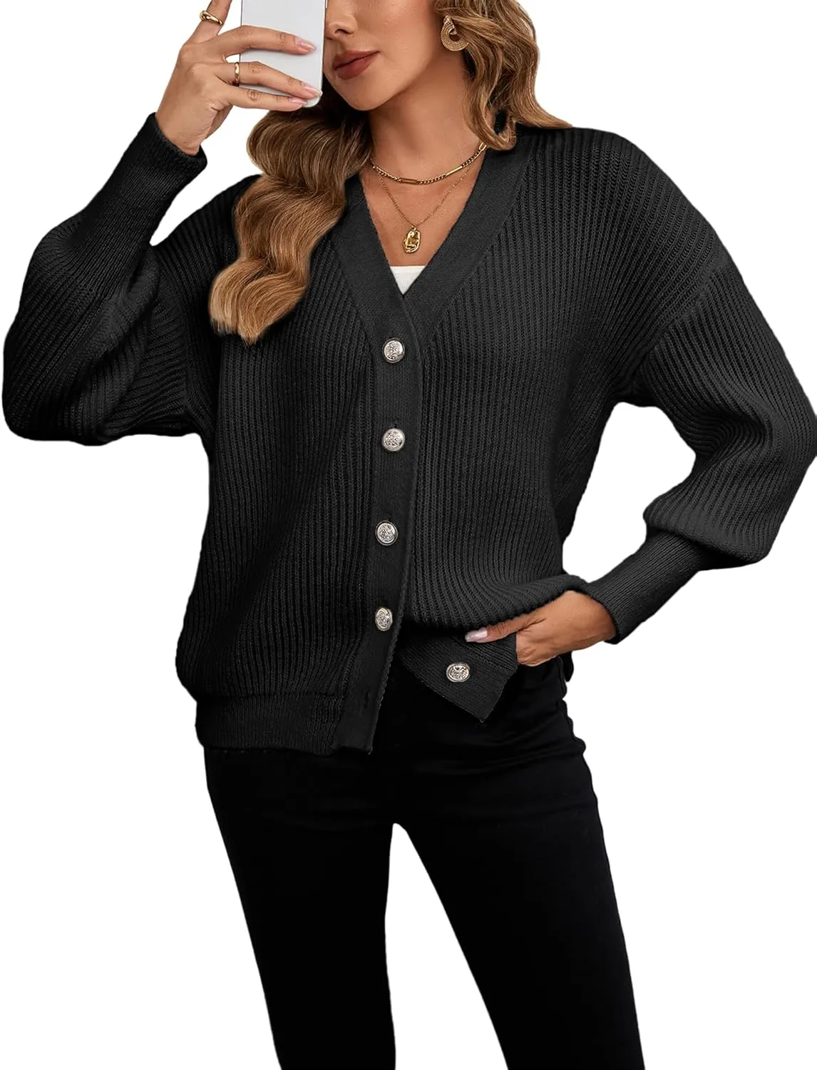 Women's Oversized V Neck Button Cardigan Fall 2024 Ladies Dressy Casual Chunky Ribbed Knit Sweater Cardigans