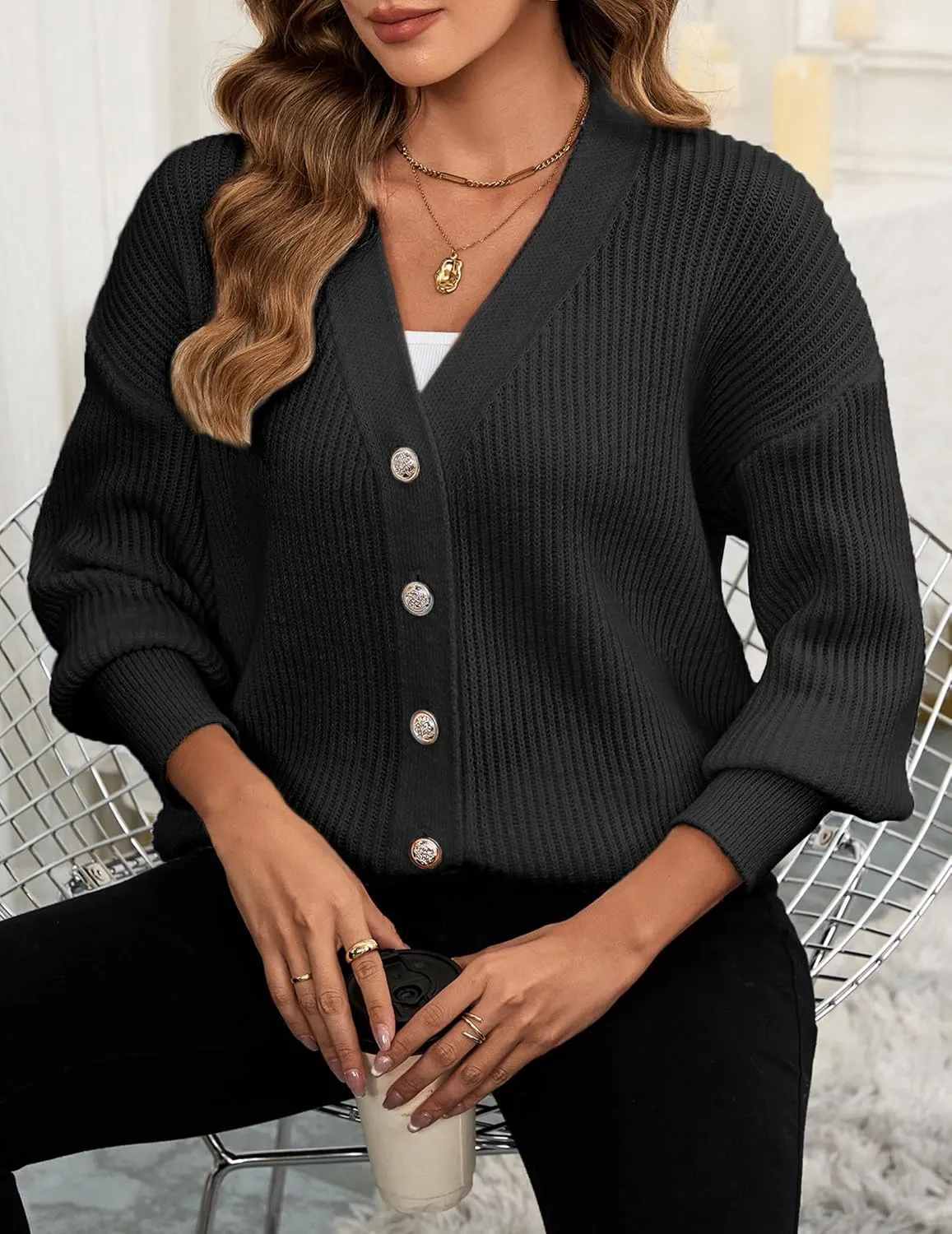 Women's Oversized V Neck Button Cardigan Fall 2024 Ladies Dressy Casual Chunky Ribbed Knit Sweater Cardigans