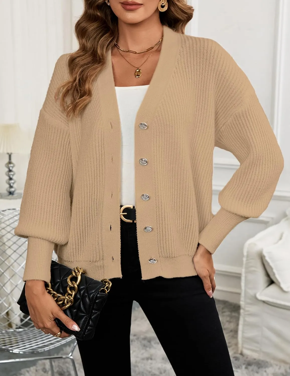 Women's Oversized V Neck Button Cardigan Fall 2024 Ladies Dressy Casual Chunky Ribbed Knit Sweater Cardigans