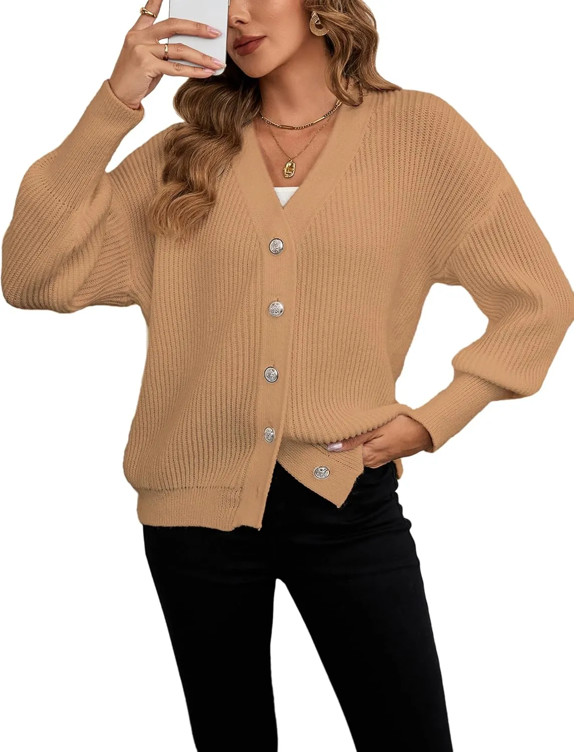 Women's Oversized V Neck Button Cardigan Fall 2024 Ladies Dressy Casual Chunky Ribbed Knit Sweater Cardigans