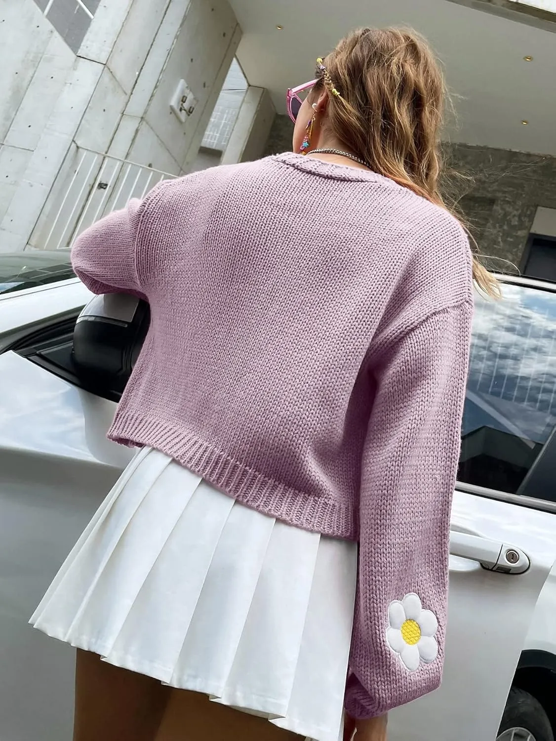 Womens Y2K Cardigan Sweaters Long Sleeve Open Front Cropped Flower Knit Cardigan Aesthetic 90s Shrug Back to College Outfits