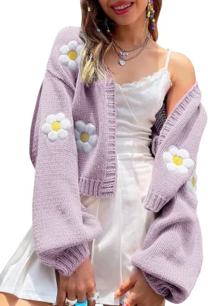 Womens Y2K Cardigan Sweaters Long Sleeve Open Front Cropped Flower Knit Cardigan Aesthetic 90s Shrug Back to College Outfits