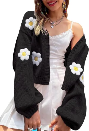 Womens Y2K Cardigan Sweaters Long Sleeve Open Front Cropped Flower Knit Cardigan Aesthetic 90s Shrug Back to College Outfits