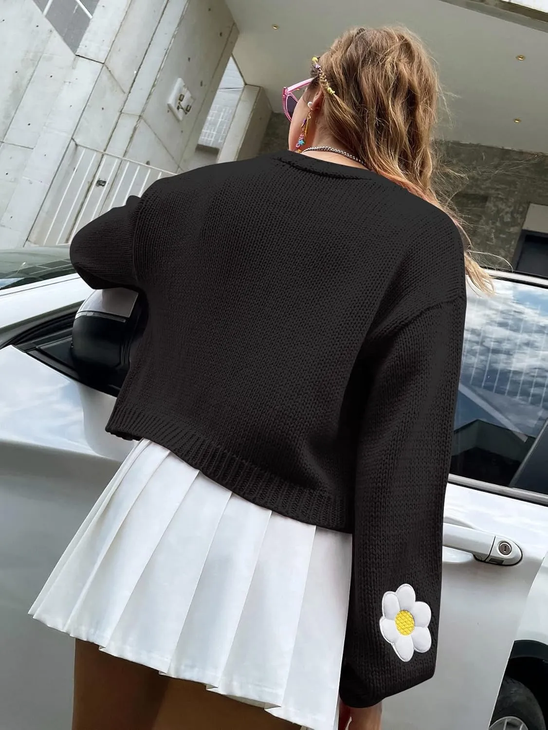 Womens Y2K Cardigan Sweaters Long Sleeve Open Front Cropped Flower Knit Cardigan Aesthetic 90s Shrug Back to College Outfits