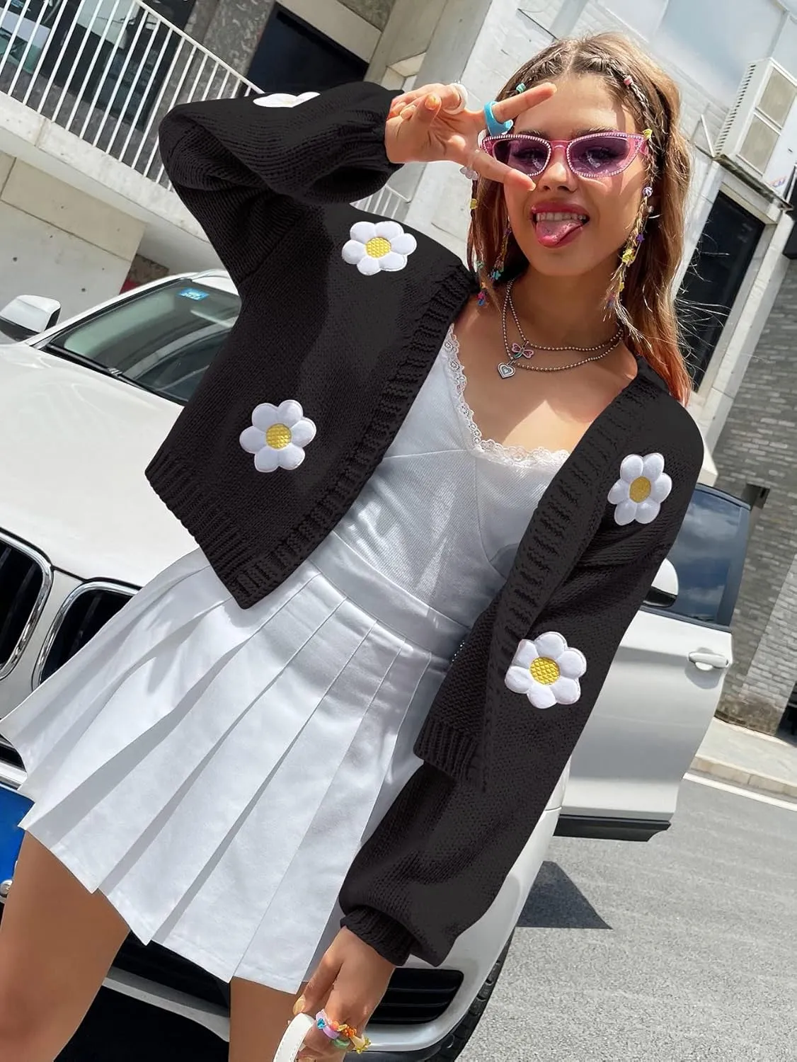 Womens Y2K Cardigan Sweaters Long Sleeve Open Front Cropped Flower Knit Cardigan Aesthetic 90s Shrug Back to College Outfits