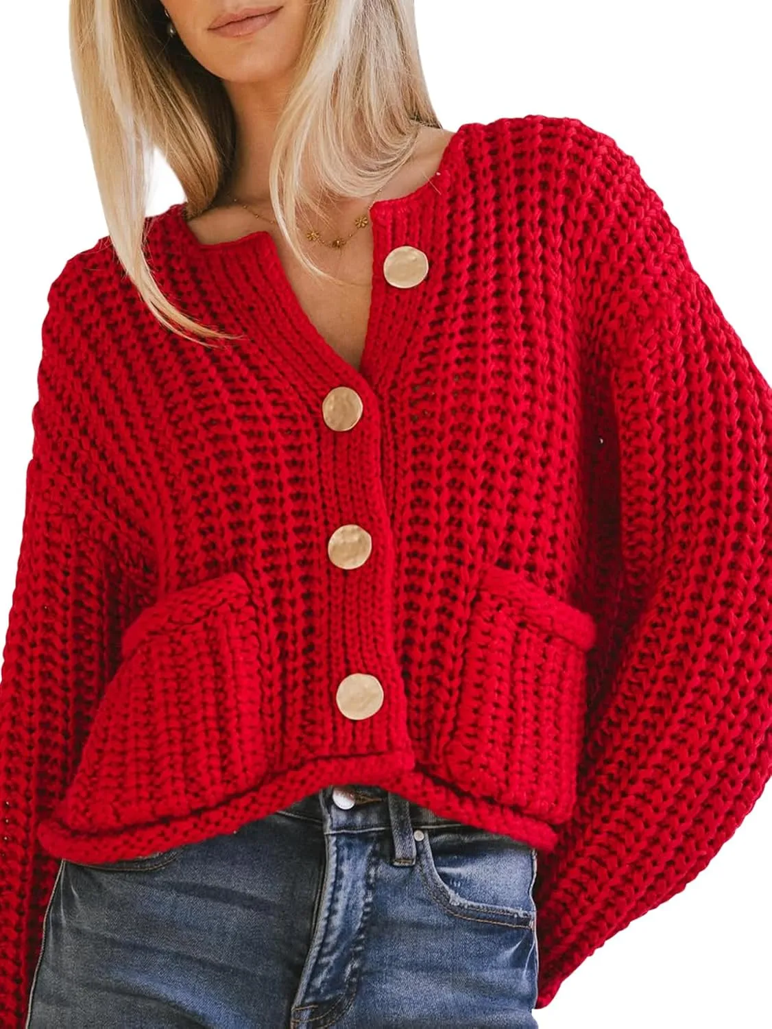 YKR Chunky Knit Cardigan Sweater for Women Long Sleeve Cropped Cardigans Button Down Sweaters with Pockets