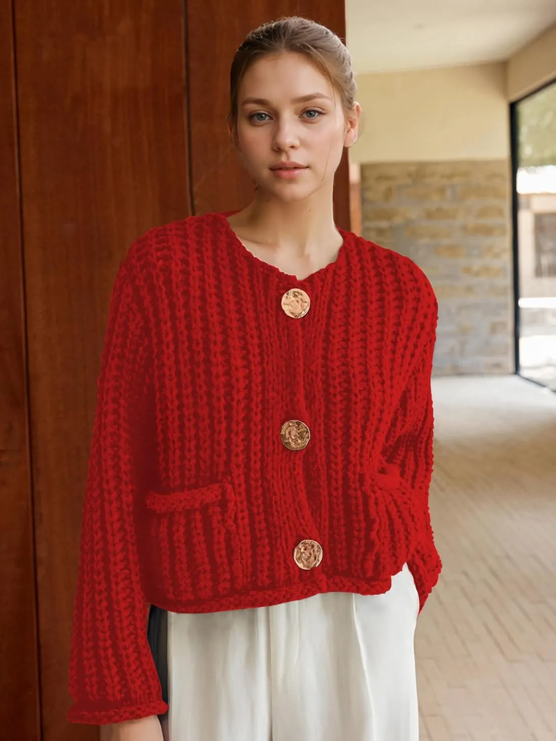YKR Chunky Knit Cardigan Sweater for Women Long Sleeve Cropped Cardigans Button Down Sweaters with Pockets