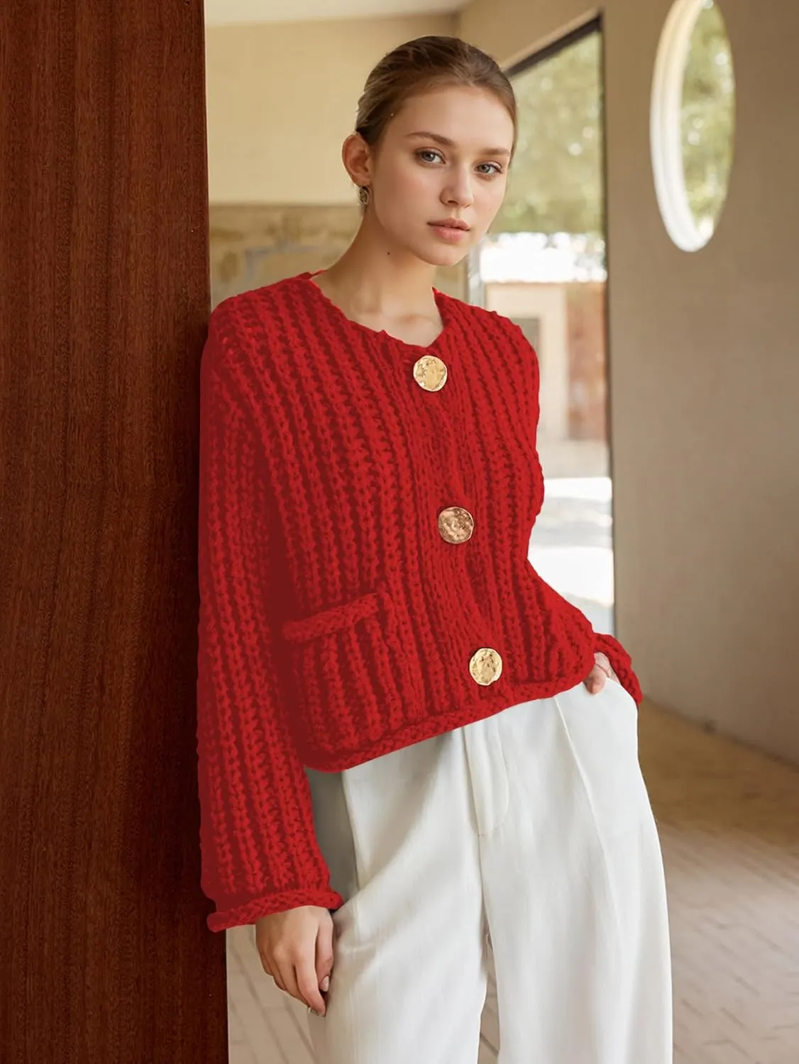 YKR Chunky Knit Cardigan Sweater for Women Long Sleeve Cropped Cardigans Button Down Sweaters with Pockets