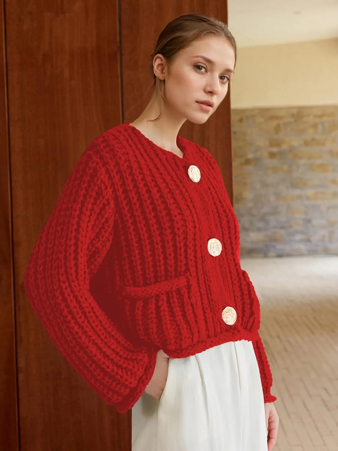 YKR Chunky Knit Cardigan Sweater for Women Long Sleeve Cropped Cardigans Button Down Sweaters with Pockets