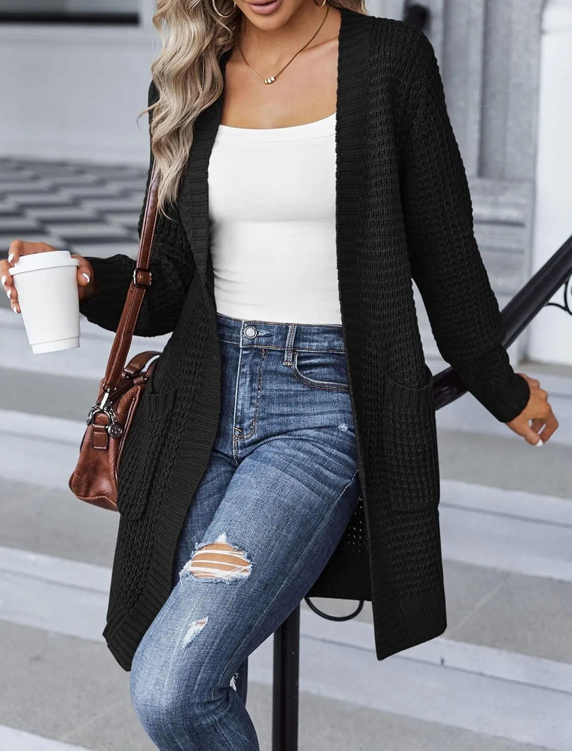 Zeagoo Women's 2025 Fall Open Front Cardigan Long Batwing Sleeve Chunky Knit Sweater Loose Outerwear Coats with Pockets