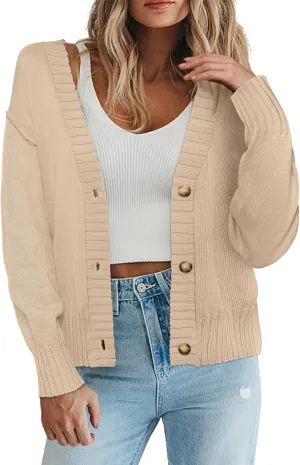 Zeagoo Women's Cropped Cardigan 2025 Fall Button Sweaters V Neck Long Sleeve Cardigans Knit Outwear
